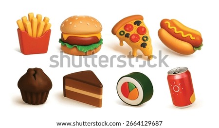3D Vector Icons of Fast Food in Cartoon Style