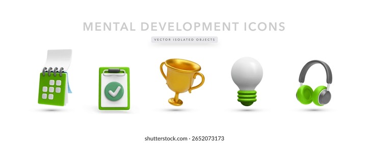 3D Vector Icons Set Featuring Calendar, Checklist, Trophy, Lightbulb, And Headphones. Ideal For Mental Development, Personal Growth, And Motivation Projects. Colorful Vector Illustration.