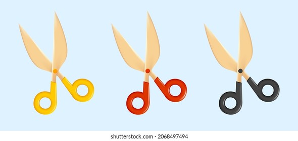 3d vector icons set of scissors with handels in different color, 3d render modern graphic, isolated