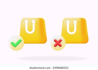 3D vector icons of shopping bags with check and cross marks. successful and unsuccessful, Ideal for e-commerce, shopping, and approval themes