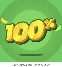 Ilustración vectorial 3D de un signo de descuento del 100% sobre un fondo verde vibrante. Perfecto para promocionar ventas, ofertas especiales y descuentos tanto en marketing online como minorista.