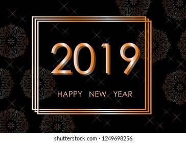 3d vector illustration 2109 new year. 2019 in volume gold frame and on the background of golden snowflakes. Element for design Christmas background, invitation, greeting card, banner.