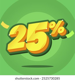 Ilustração vetorial 3D de um sinal de desconto de 25% em um fundo verde vibrante. Perfeito para promover vendas, ofertas especiais e descontos em marketing on-line e varejo.