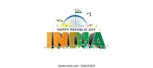 3D vector illustration of 26 january Happy Republic Day India text. Patriotic background. Greeting card, poster, banner design.