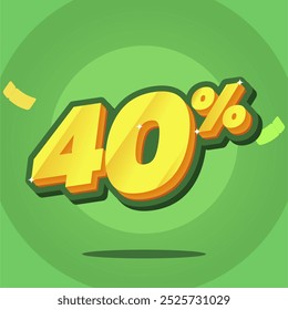 3D vector illustration of a 40% discount sign on a vibrant green background. Perfect for promoting sales, special offers, and discounts in both online and retail marketing.
