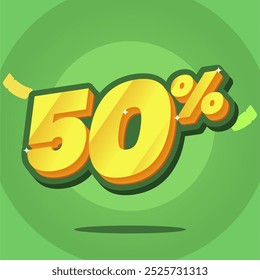 3D vector illustration of a 50% discount sign on a vibrant green background. Perfect for promoting sales, special offers, and discounts in both online and retail marketing.