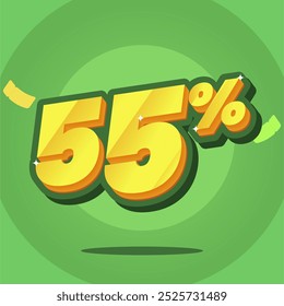 Ilustración vectorial 3D de un signo de descuento del 55% sobre un fondo verde vibrante. Perfecto para promocionar ventas, ofertas especiales y descuentos tanto en marketing online como minorista.