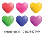 3D vector illustration of 6 heart icons in red, pink, yellow, blue, purple and green, conveying the concept of love, happiness, relationships and positive feelings, care, valentine isolated on a white