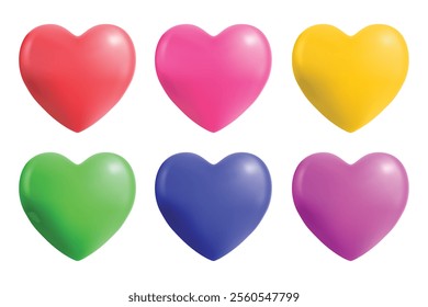 3D vector illustration of 6 heart icons in red, pink, yellow, blue, purple and green, conveying the concept of love, happiness, relationships and positive feelings, care, valentine isolated on a white