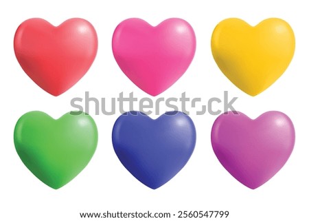 3D vector illustration of 6 heart icons in red, pink, yellow, blue, purple and green, conveying the concept of love, happiness, relationships and positive feelings, care, valentine isolated on a white