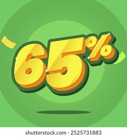 Ilustração vetorial 3D de um sinal de desconto de 65% em um fundo verde vibrante. Perfeito para promover vendas, ofertas especiais e descontos em marketing on-line e varejo.