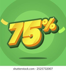 3D vector illustration of a 75% discount sign on a vibrant green background. Perfect for promoting sales, special offers, and discounts in both online and retail marketing.