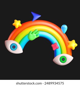 3d vector illustration abstract composition with rainbow, eyes and stars. Psychedelic design element with rainbow
