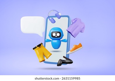 3D vector illustration of AI cartoon bot assistant on mobile phone screen with clothes and shoes products, headphones floating above the screen and chat bubbles, suggesting online shopping service.