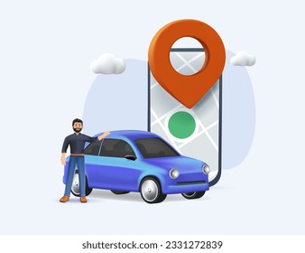 3D vector illustration of autonomous online car sharing service controlled via smartphone app. Phone with location mark and smart car with modern city skyline. Isolated connected vehicle parking 3D