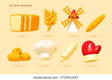 Ilustración vectorial 3D de iconos de panadería: pan, trigo y sombrero de chef. Estilo de arcilla suave para menús culinarios y App de alimentos. Gráficos de cocina de Profesional.