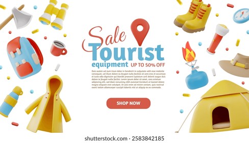 3D vector illustration of a banner with discounts on camping gear. Camping sale. Hiking equipment, clothing and accessories. Cartoon style. Space for text. Isolated white poster background.