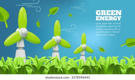 3D vector illustration of banner with green wind turbines standing in the grass. Wind clean energy and ecology. Nature conservation. Alternative Energy Concept. Space for text.