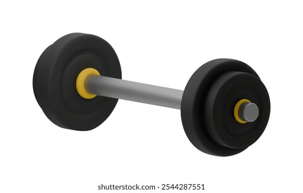 Ilustración vectorial 3D de una barra con placas de peso negro en el mango de metal. Ideal para gimnasios, fitness y diseños relacionados con el entrenamiento, que representan la fuerza y el culturismo