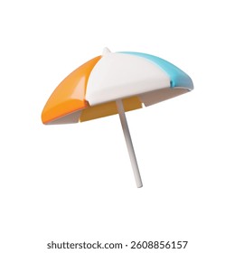 3D vector illustration of beach striped umbrella. Sun protection. Accessory for vacation at tropical resort. Leisure. Cartoon style. Isolated background. Icon. Rendering.