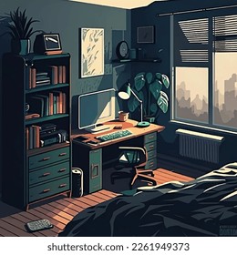 3D vector illustration, bedroom in simple colors, interior, background anime style, manga style