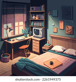 3D vector illustration, bedroom in simple colors, interior, background anime style, manga style