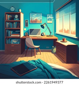 3D vector illustration, bedroom in simple colors, interior, background anime style, manga style