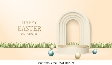 3D vector illustration of beige podium product display with Easter eggs and green grass. Concept for spring holiday sale promotion background. Happy Easter discount banner template.