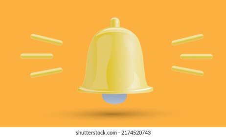 3d vector illustration of a bell, application notification icon on an orange background