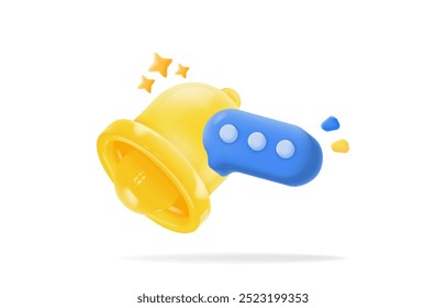 3D vector illustration bell notification icon with stars and a blue bubble chat, ideal for highlighting updates, alerts, or messages