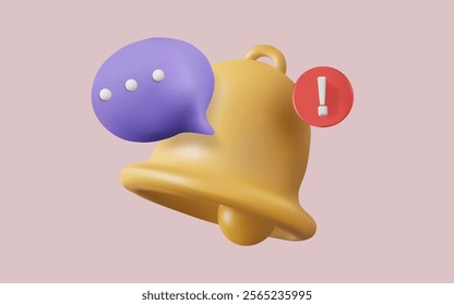 3d vector illustration. Bell notification with speech bubble icon. Social Media element, new message, alert or alarm, reminder notification. new notification concept. Cartoon minimal style