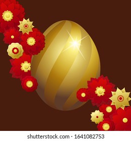3D vector illustration of a big golden Easter egg surrounded by red flowers on a chocolate colored background.