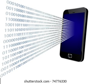 3D vector illustration of binary code coming through modern touch screen mobile phone