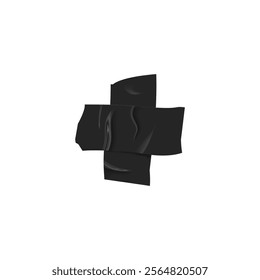 3d vector illustration of black adhesive tape strips with wrinkles, glued in the form of a cross. Realistic masking tape. For masking and repair. Isolated background. Sticky strip.