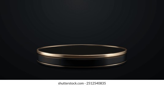 3D vector illustration of a black podium with gold trim, ideal for luxury presentations and product showcases. This elegant and minimalistic platform adds a sophisticated touch to any design.