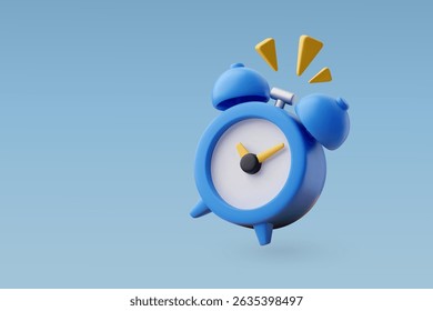 3D vector illustration of a blue alarm clock with ringing symbols, representing time, schedule, deadline, or time management. 