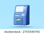 3D vector illustration of blue ATM machine dispensing green cash money on pastel blue background. Concept for finance banking withdrawal transaction payment wealth savings business template.