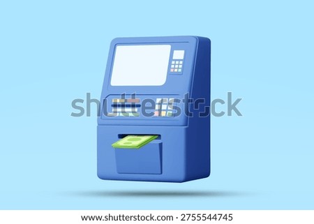3D vector illustration of blue ATM machine dispensing green cash money on pastel blue background. Concept for finance banking withdrawal transaction payment wealth savings business template.