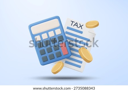 3D vector illustration of blue calculator with tax paper document and gold coins. Concept for financial accounting calculation and business tax return payment. Economy background template.