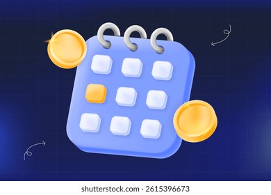 3D vector illustration, blue calendar with coins, payment schedule, billing cycle, financial planning, daily reward, or subscription reminder