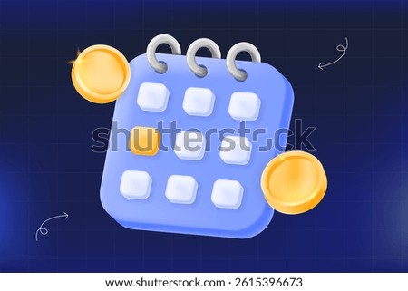 3D vector illustration, blue calendar with coins, payment schedule, billing cycle, financial planning, daily reward, or subscription reminder