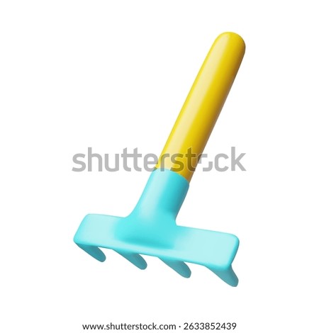 3d vector illustration of blue metal rake with wooden handle. Equipment. Garden tool for soil processing and cleaning. Agriculture. Cartoon style. Isolated background. Icon. Rendering.