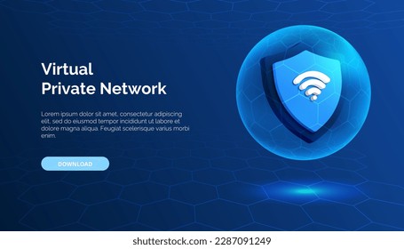 3D vector illustration of a blue neon sphere with a poly structure, representing data protection and security. Privacy and VPN technology. Shield icon of a virtual private network. Blue web banner.