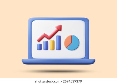 Ilustração vetorial 3D de um ícone azul de notebook mostrando um gráfico de barras e um gráfico de linhas vermelhas ascendentes com um gráfico circular, transmitindo as tendências de crescimento, análise de negócios e finanças digitais.