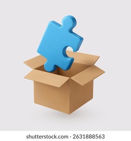 3D vector illustration of a blue puzzle piece inside an open cardboard box, symbolizing solution, creativity, or thinking outside the box.