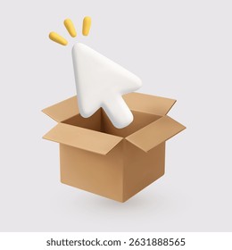 3D vector illustration of a blue puzzle piece inside an open cardboard box, symbolizing solution, creativity, or thinking outside the box.