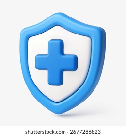 Ilustração vetorial 3D de um escudo azul com uma cruz médica, simbolizando cuidados de saúde, proteção médica, segurança e seguro de saúde.