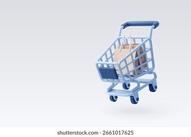 Ilustración vectorial 3D de un Carrito de compras azul que contiene bolsas de papel, que simboliza las compras al por menor, las compras en línea y los bienes de consumo.