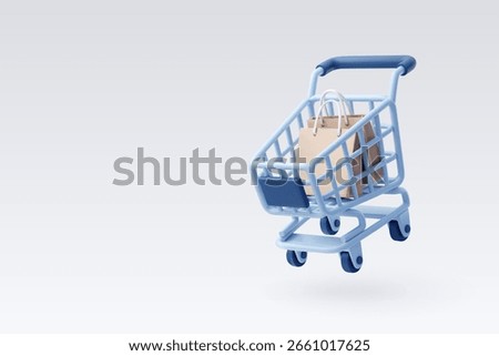 3D vector illustration of a blue shopping cart containing paper bags, symbolizing retail shopping, online purchases, and consumer goods.