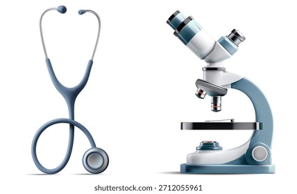Ilustração vetorial 3d de estetoscópio azul e microscópio de laboratório isolado em fundo branco representando diagnósticos médicos de saúde e pesquisa científica
